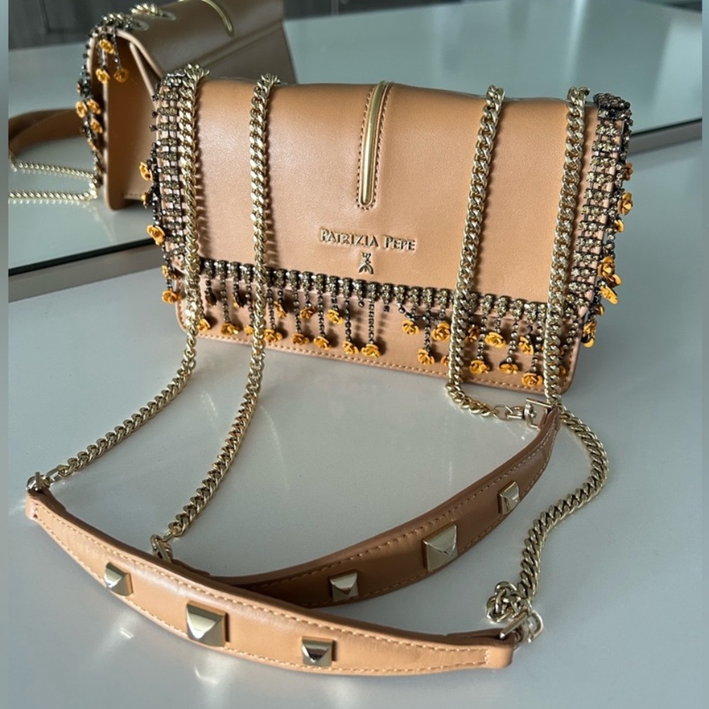 Patrizia Pepe Tan Leather crossbody/shoulder Chain Bag with crystals & flowers.
